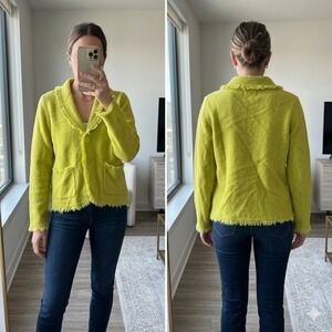 VTG Nouveaux 100% Wool Cardigan Sweater L Chartreuse Lime Green Fringe Y2K Boho